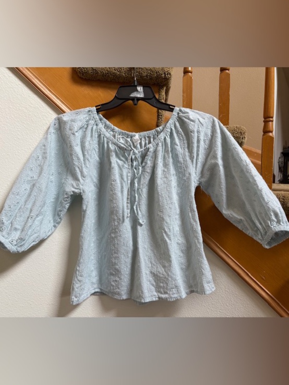 JOIE Blue Gray Peasant Blouse with Eyelet + Swiss Dots, great condition, sz S